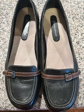 Rockport Womens 10 Black Brown Buckle Dark Academia Slip On Wedge Workwear Shoes